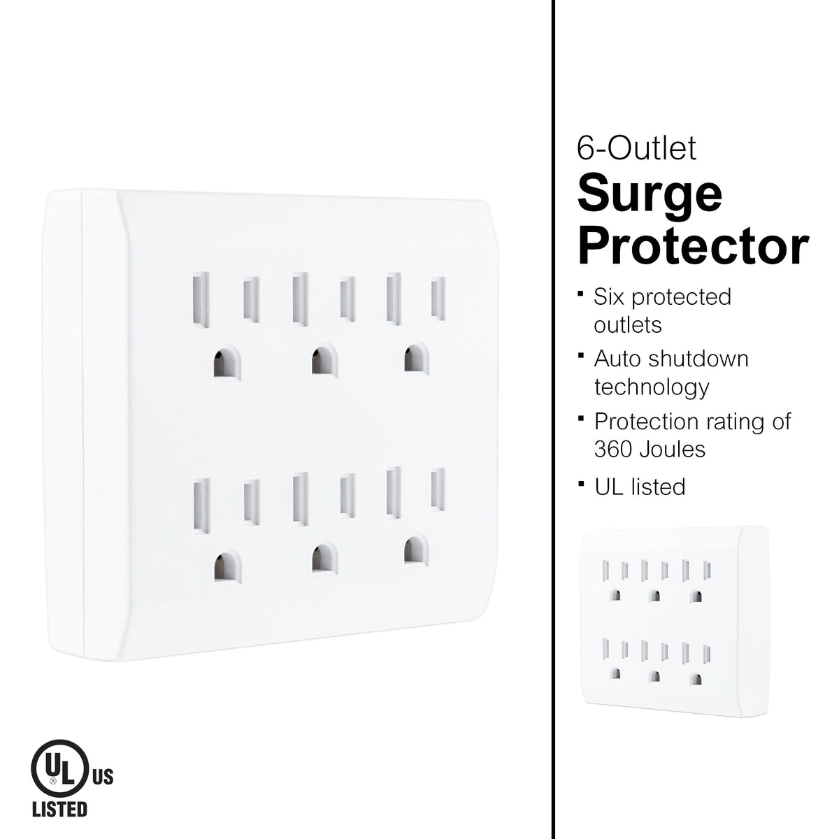GE 6-Outlet Wall Tap with Surge Protection, White