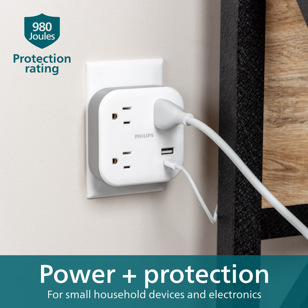 Philips 3-Outlet 1 USB-A 1 USB-C Wall Tap with Surge Protection, White