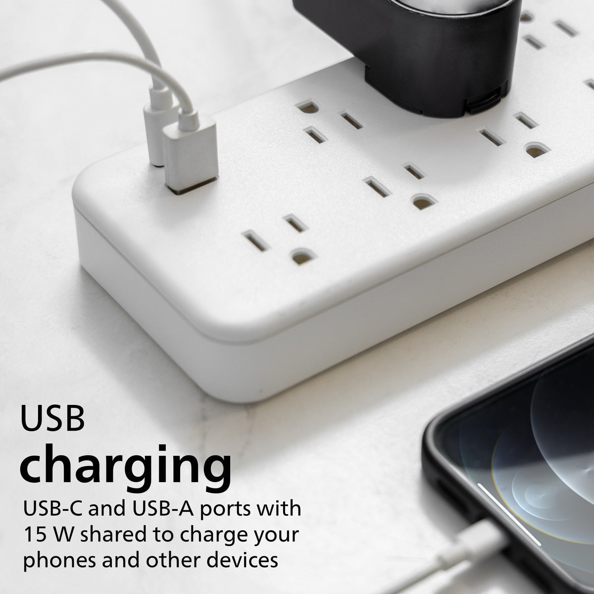 Philips 7-Outlet 6ft. 1 USB-A 1 USB-C Surge Protector With Adapter-Spaced Outlets, White
