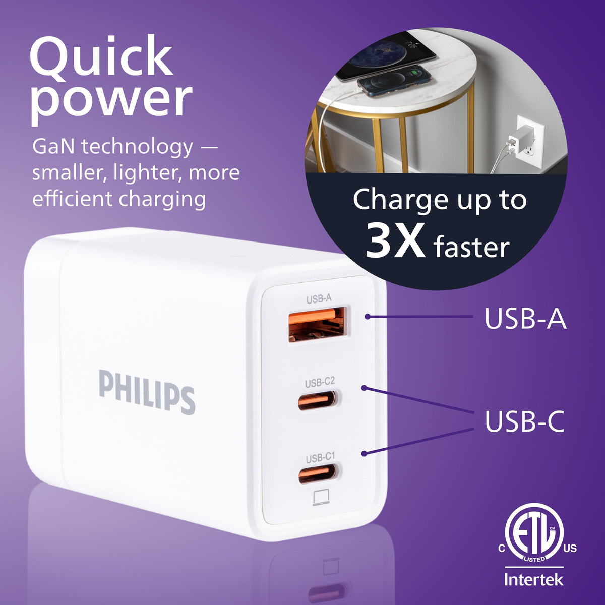 Philips 1 USB and 2 USB-C Wall Charger with Power Delivery, White