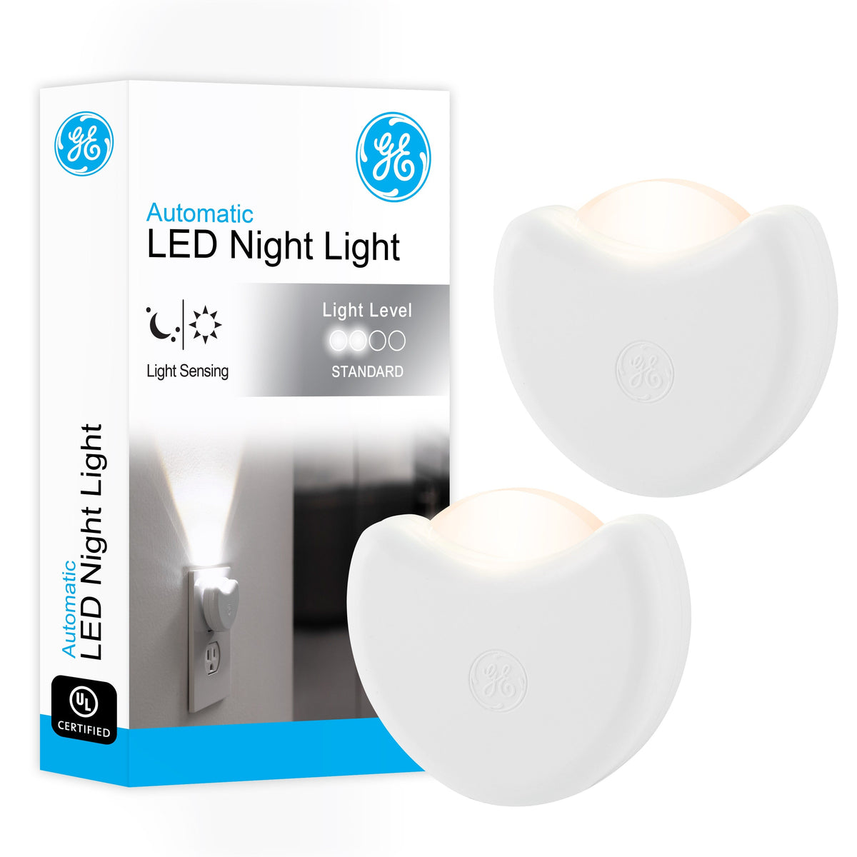 GE Half-Moon Light Sensing LED Night Light, 2 Pack, White