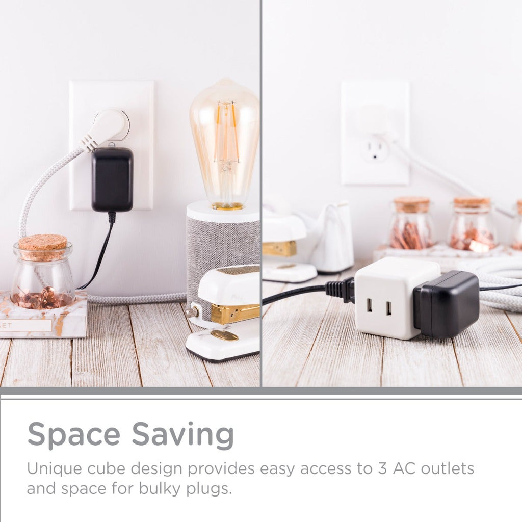 Cordinate 3-Outlet 2-USB 10ft. Braided Extension Cord Cube, White