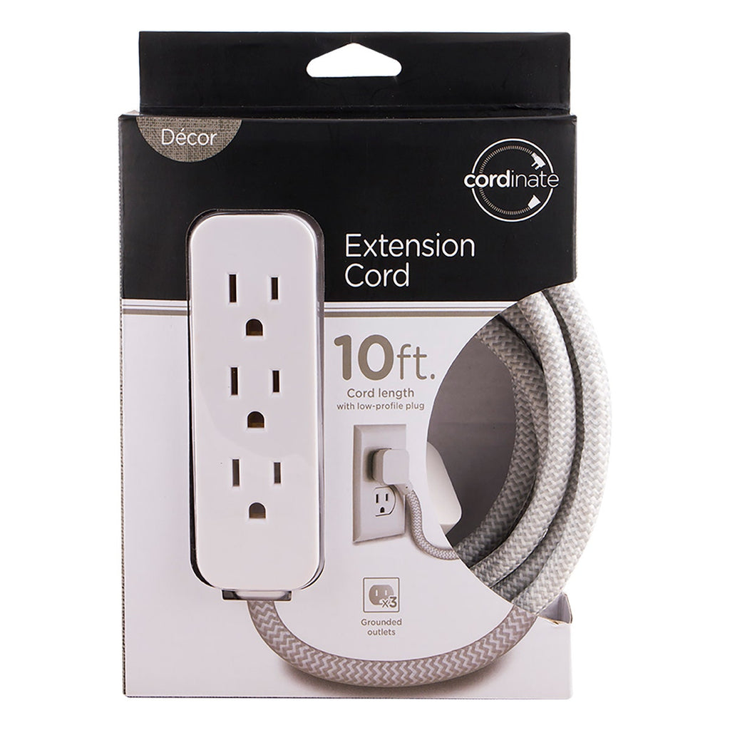 Cordinate 3-Outlet 10ft. Braided Extension Cord, White/Gray