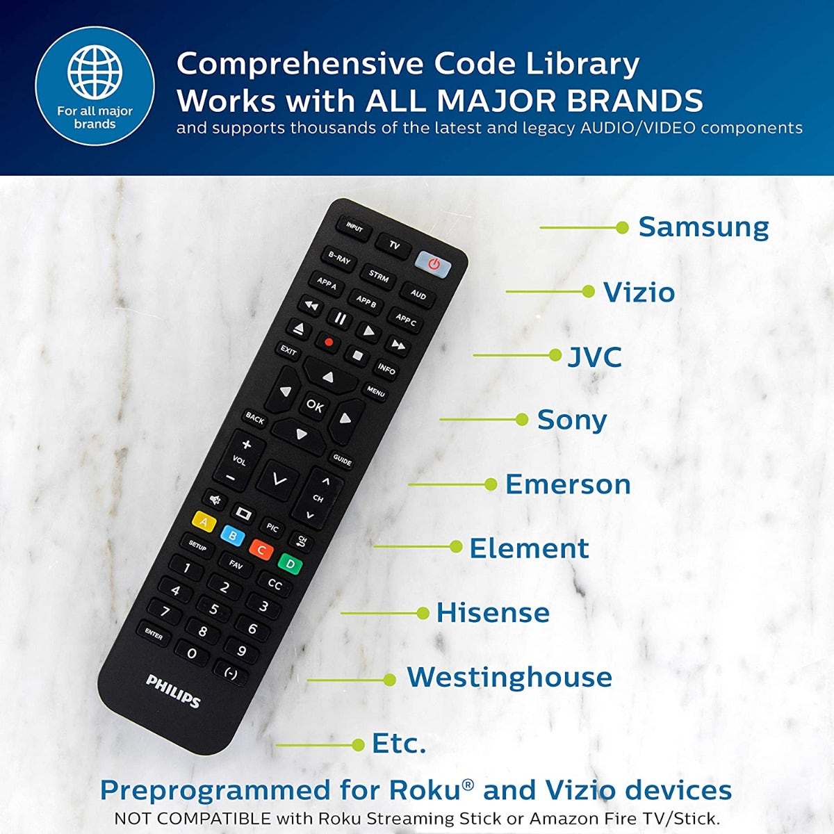 Philips 4-Device Universal Vizio Replacement Remote, Black