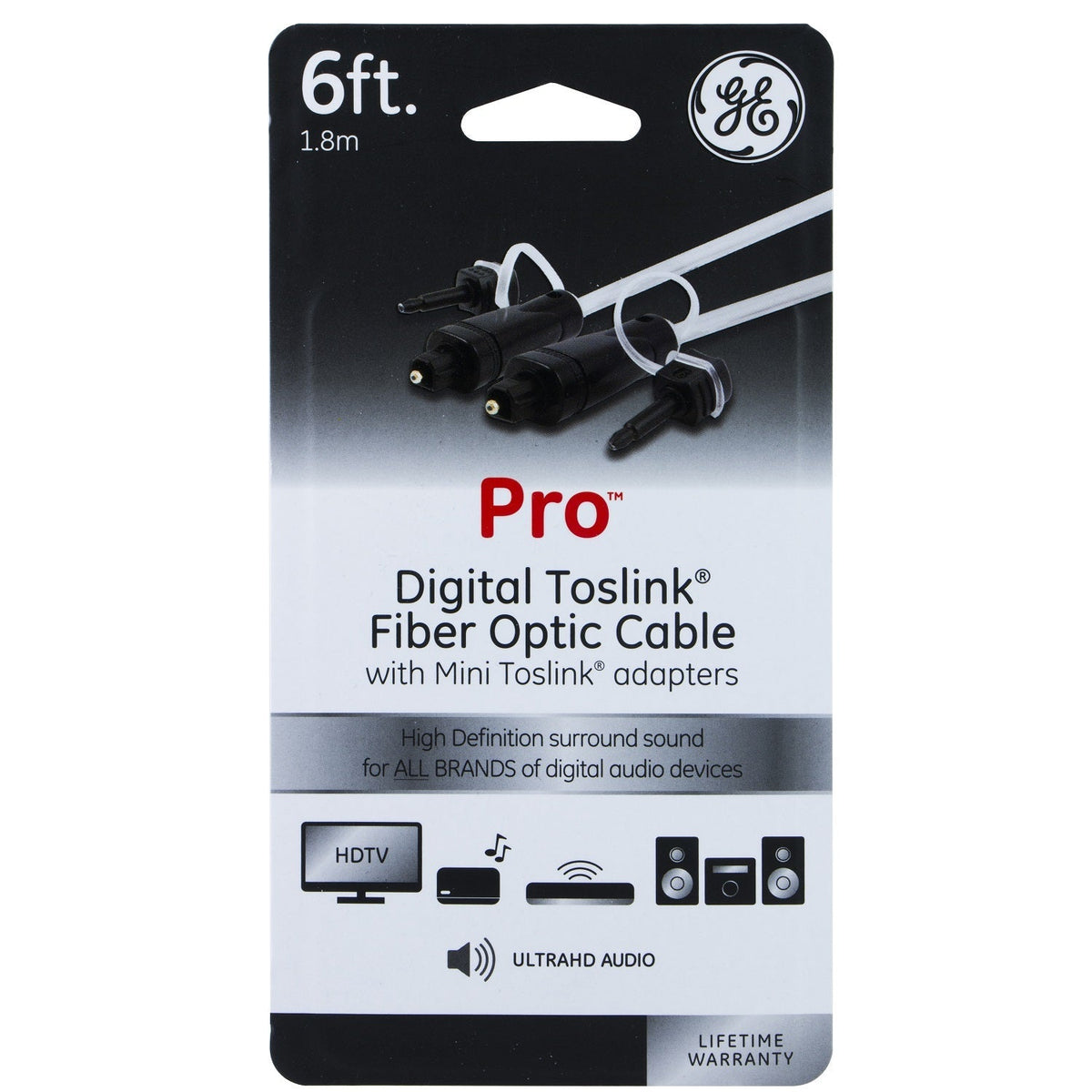 GE 6ft. Digital Toslink Fiber Optic Cable with Mini Toslink Adapters, Silver