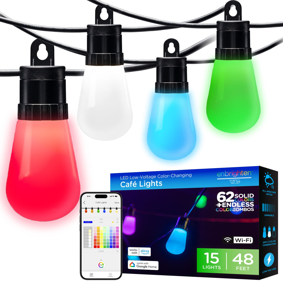 Enbrighten WiFi VIBE Color-Changing Lightweight LED Cafe Lights, 15 Plastic Bulbs, 48ft. Black Cord