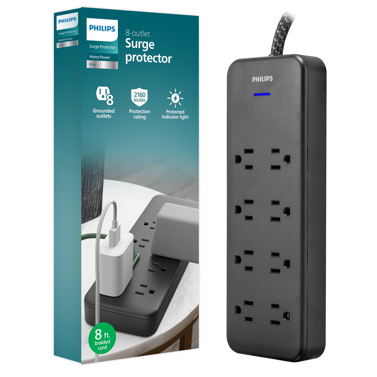 Philips 8-Outlet 8ft. Surge Protector with Adapter-Spaced Outlets, Black
