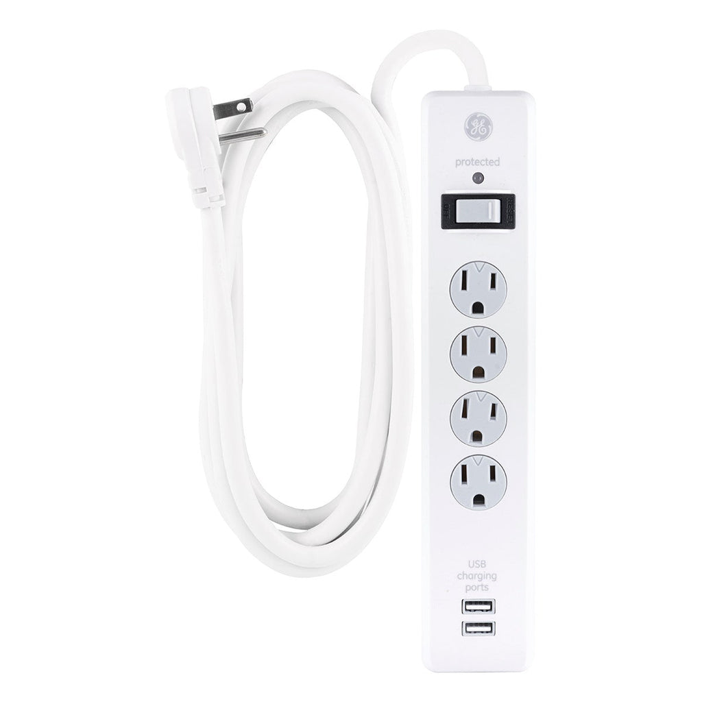 GE 4-Outlet 2-USB 8ft. Surge Protector With Twist-To-Close Safety Covers, White