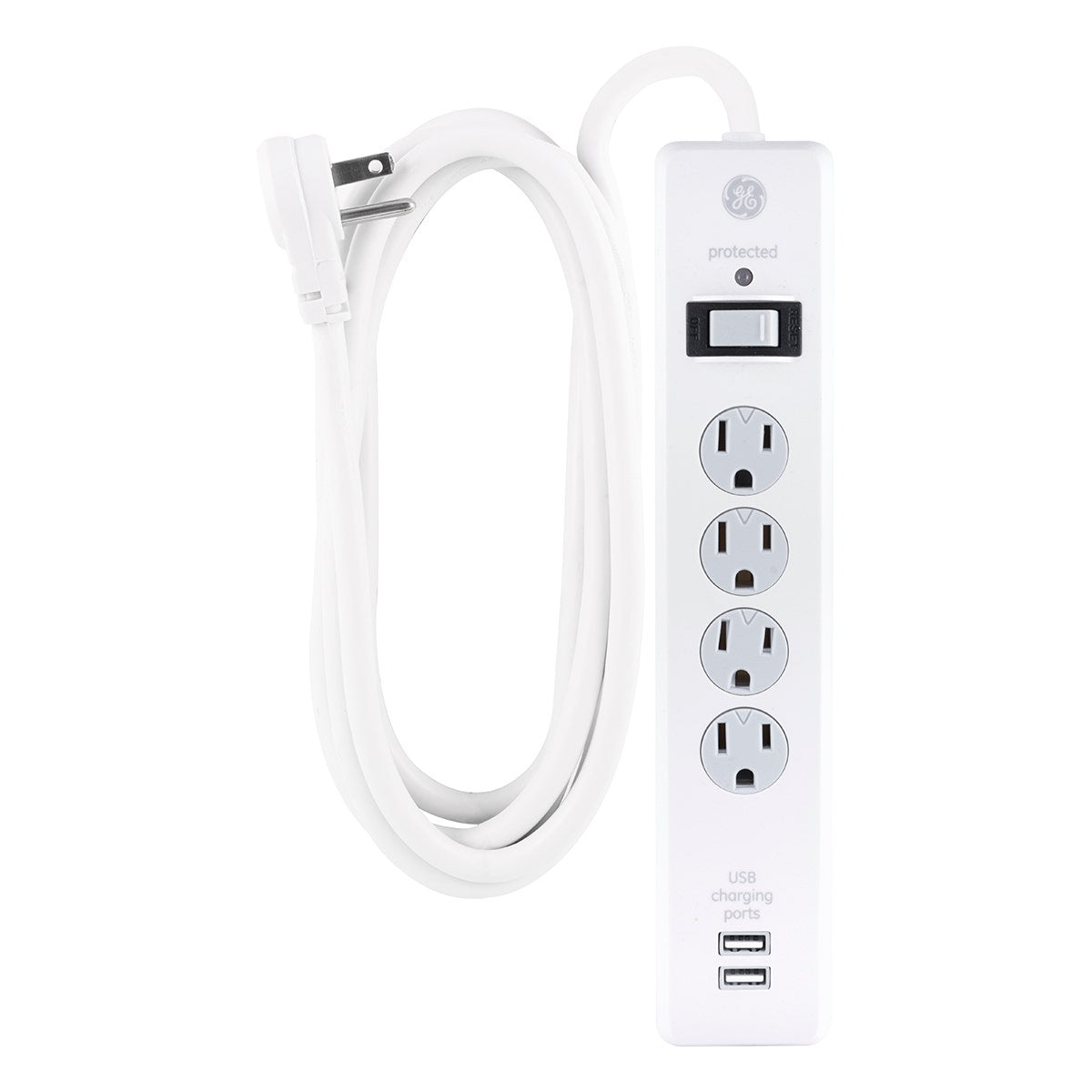 GE 4-Outlet 2-USB 8ft. Surge Protector With Twist-To-Close Safety Covers, White