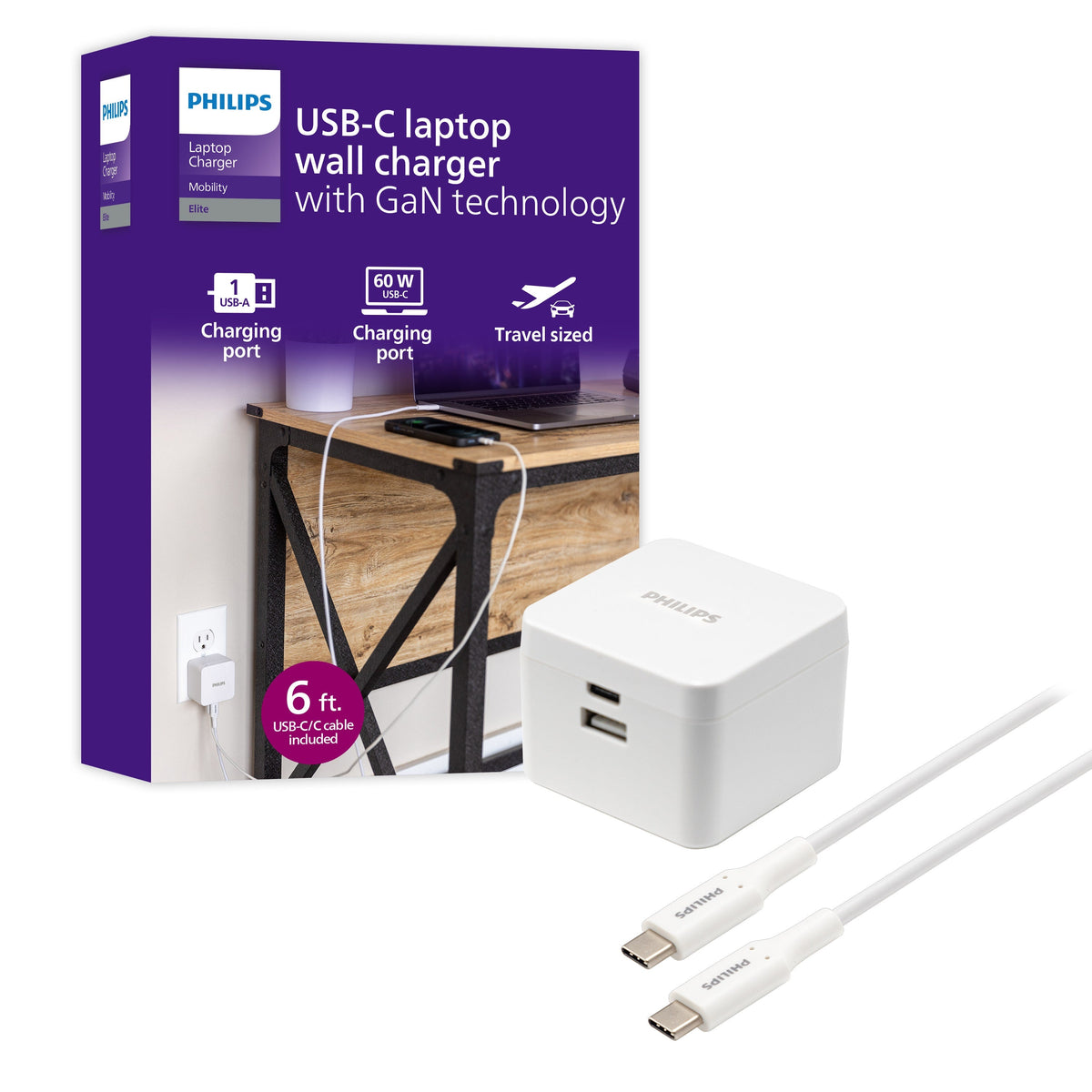Philips Dual Port USB-C Laptop Wall Charger, White