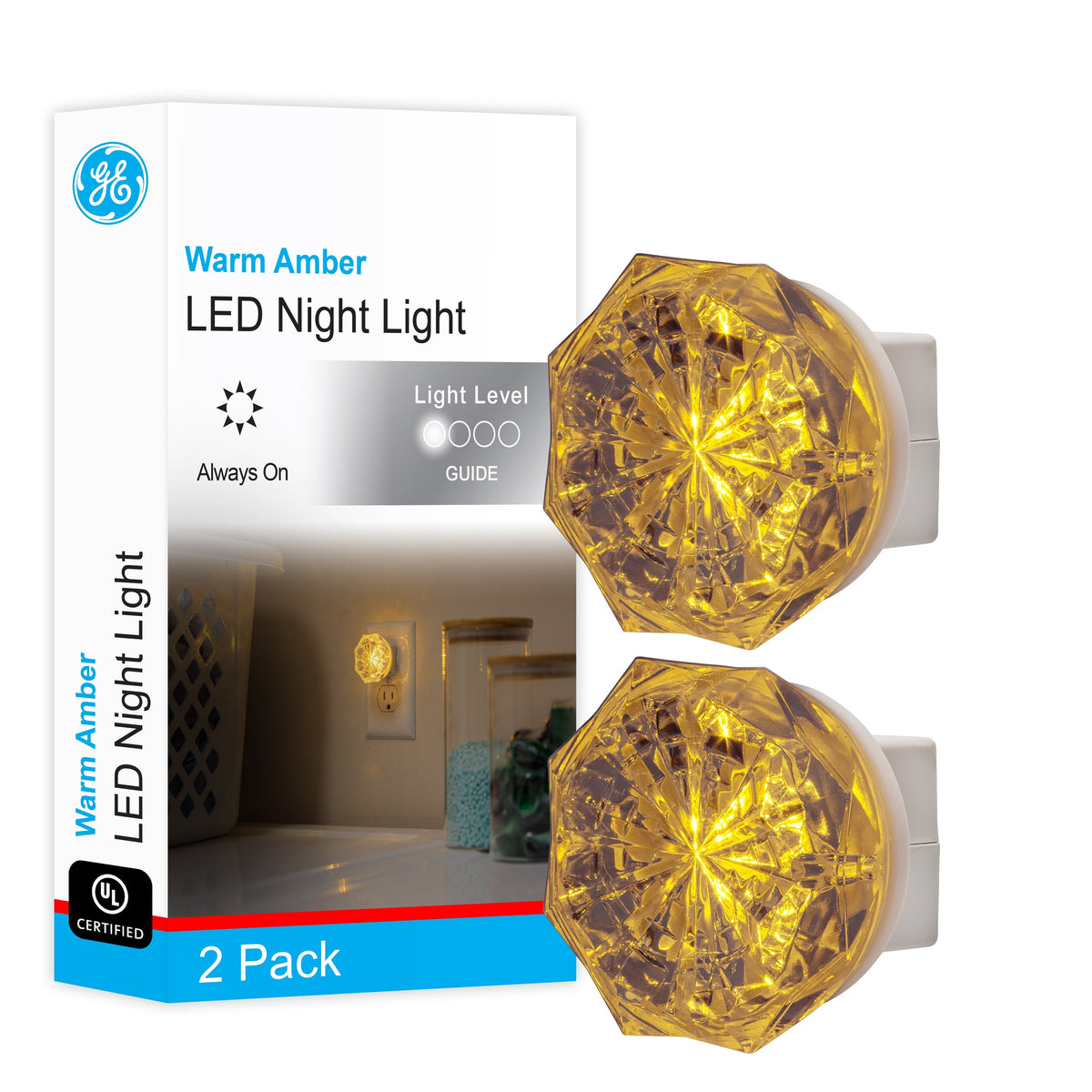 GE SleepLite Jewel Always On LED Night Light, Amber, 2 Pack