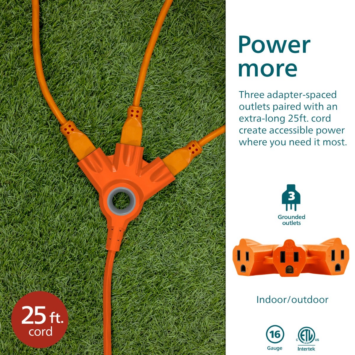 Philips EZGrip™ 3-Outlet 25ft. Indoor/Outdoor Extension Cord, Orange