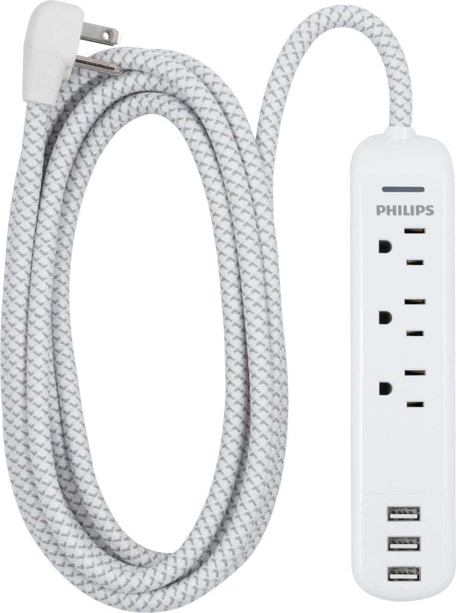 Philips 3-Outlet 3-USB 6ft. Surge Protector with Braided Cord, White