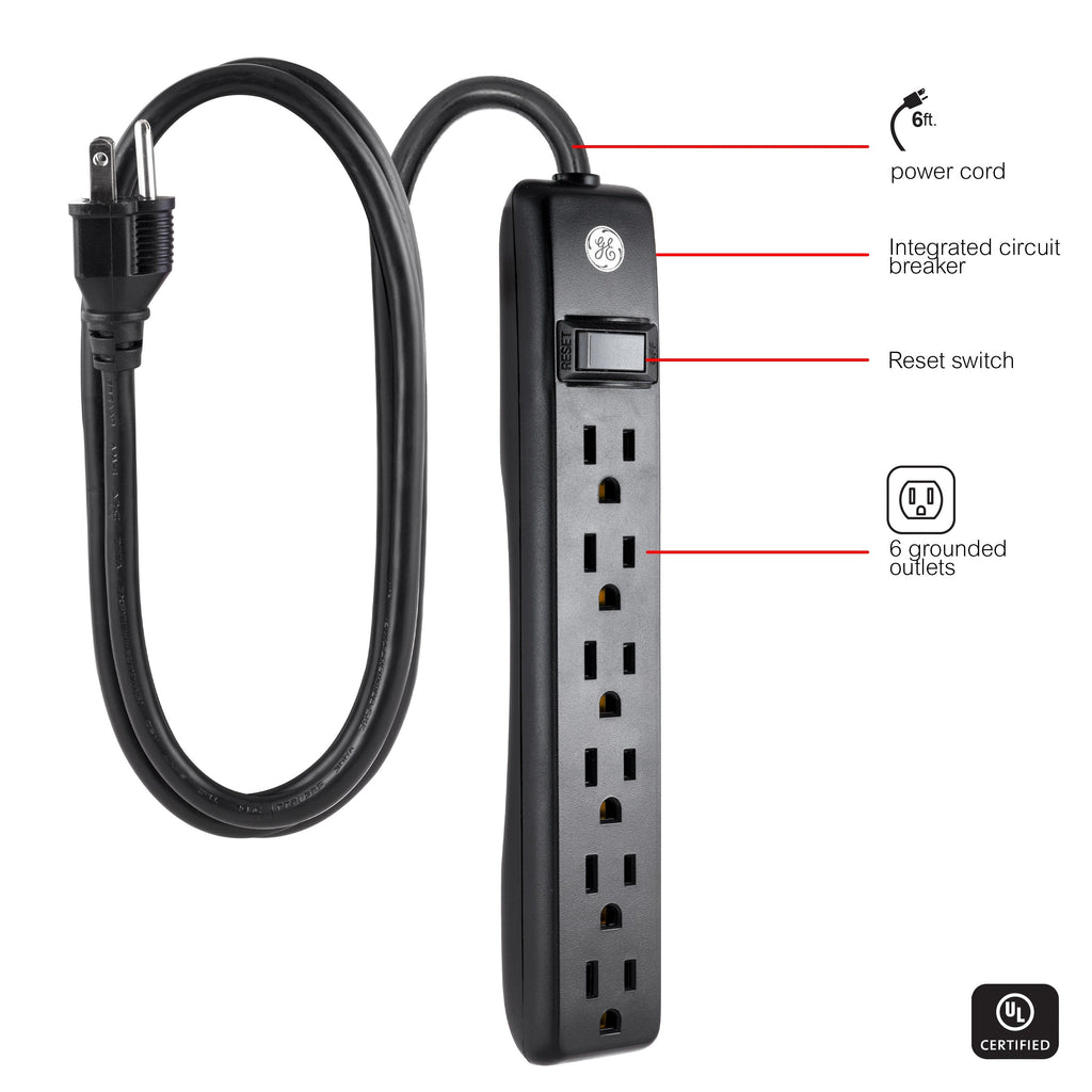 GE 6-Outlet 6ft. Power Strip, Black