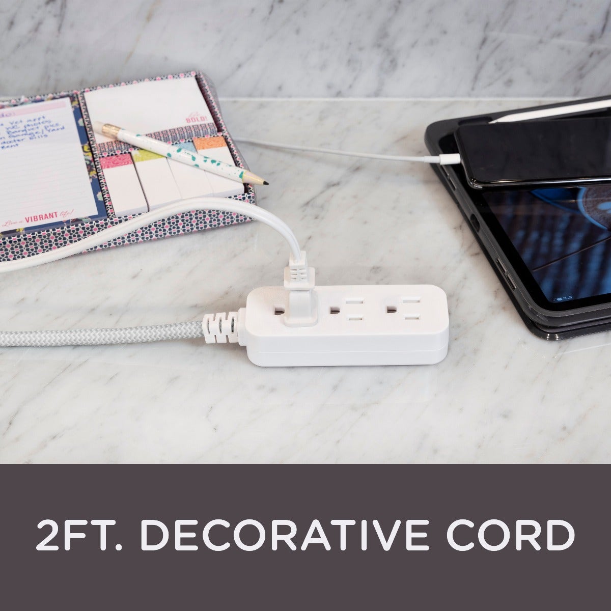 Cordinate 3-Outlet 2ft. Braided Extension Cord with Flat Plug, White/Gray
