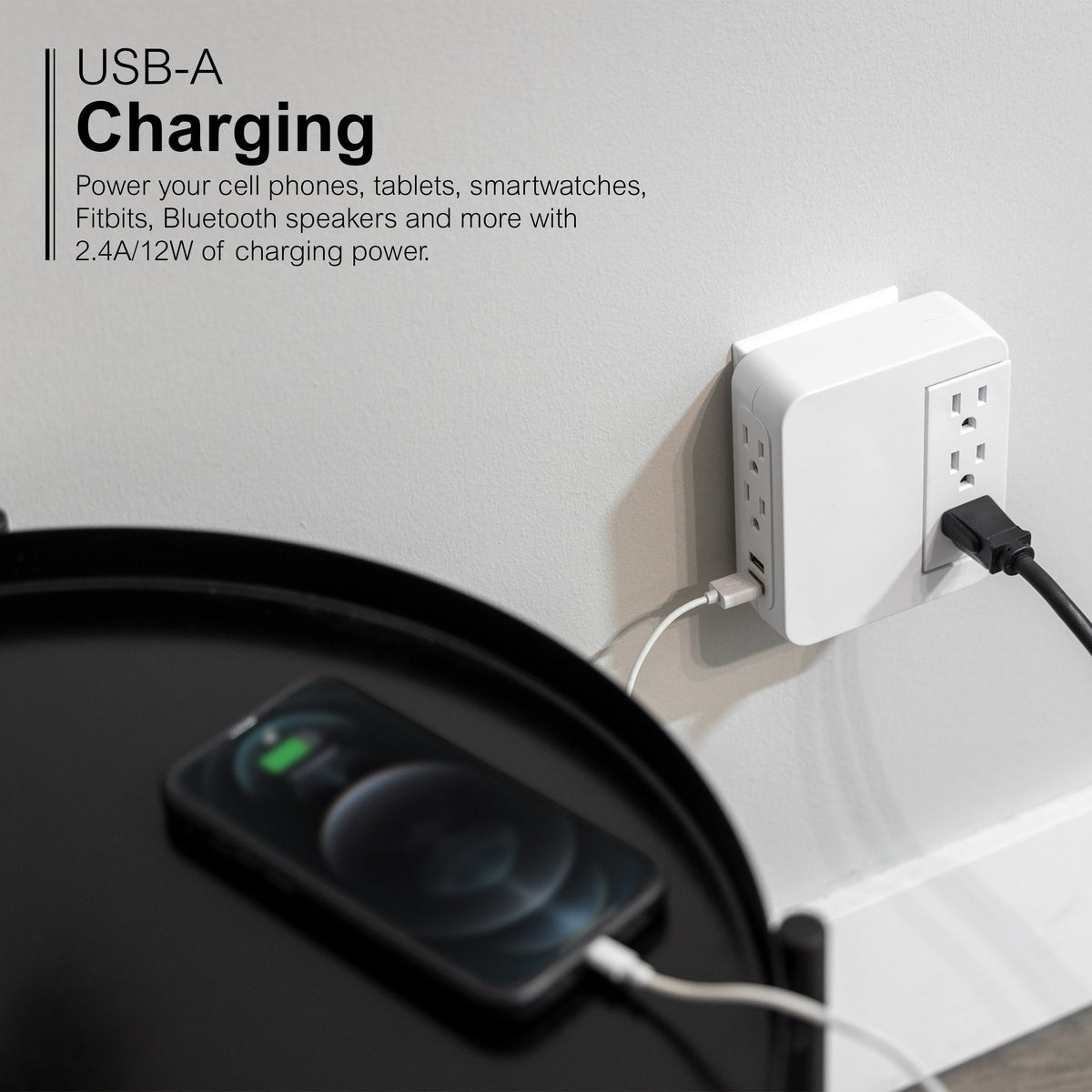 GE 5-Outlet 2-USB Wall Tap with Surge Protection and Swivel Outlets, White