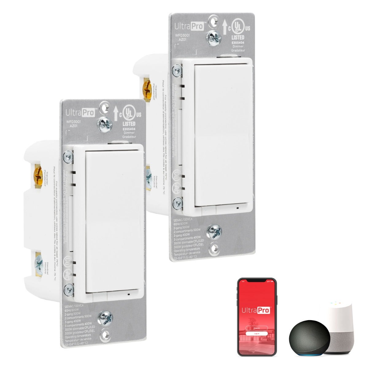 UltraPro WiFi In-Wall Smart Dimmer With QuickFit™ And SimpleWire™, 2 Pack, White