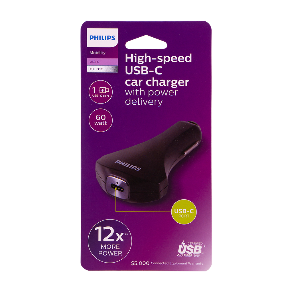 Philips 1-USB Car Charger with USB-C and Power Delivery, Black