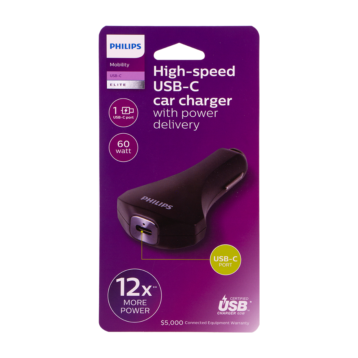Philips 1-USB Car Charger with USB-C and Power Delivery, Black
