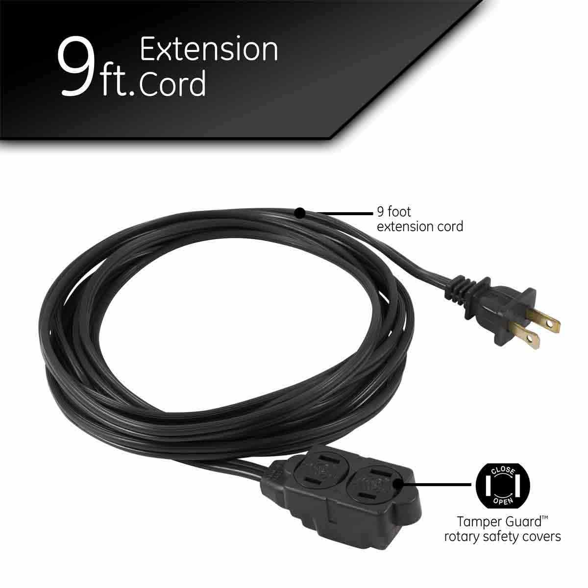 GE 3-Outlet 9ft. Indoor Extension Cord with Twist-to-Close Outlets, Black