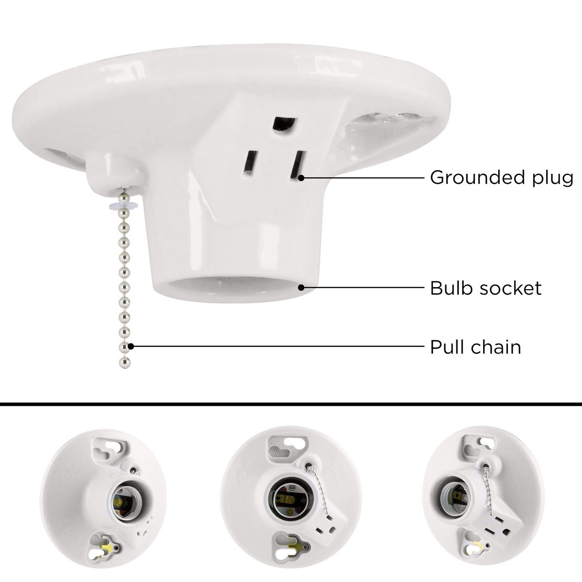 UltraPro Porcelain Lampholder, Medium Base, Pull Chain, Grounded Outlet, White