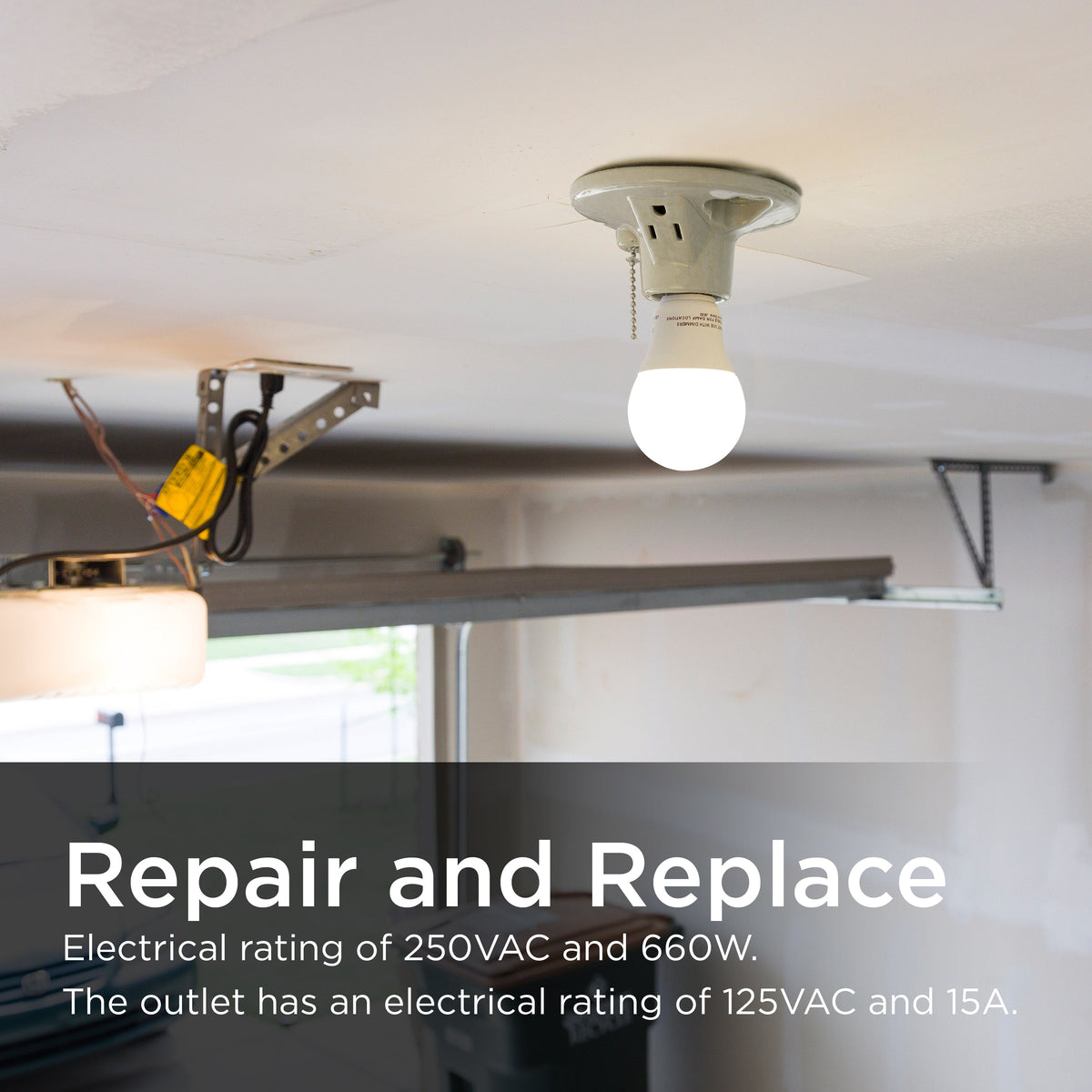 UltraPro Porcelain Lampholder, Medium Base, Pull Chain, Grounded Outlet, White, 2 Pack