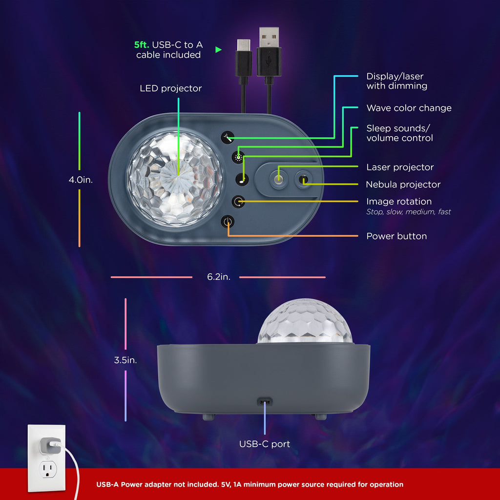 Enbrighten Galaxy Wave Projector LED Tabletop Night Light with Sound Effects, Gray