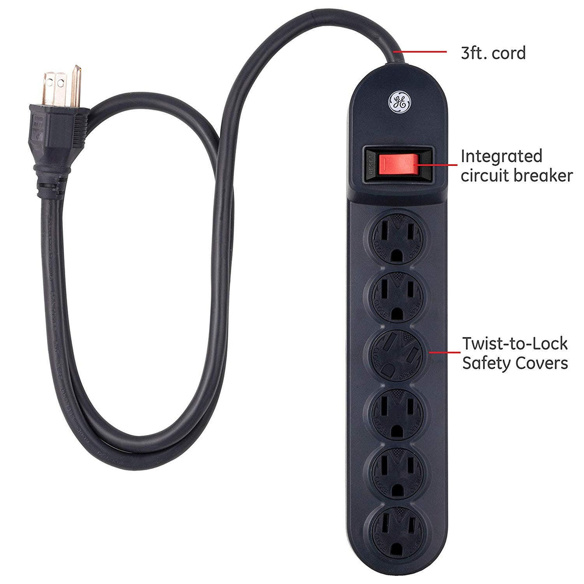 GE 6-Outlet 3ft. Power Strip with Twist-to-Close Safety Covers, Black