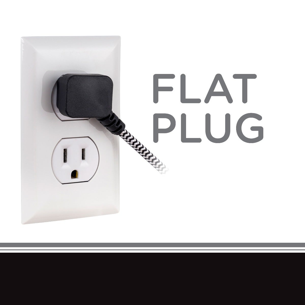Cordinate 3-Outlet 8ft. Braided Extension Cord with Flat Plug, Black/White