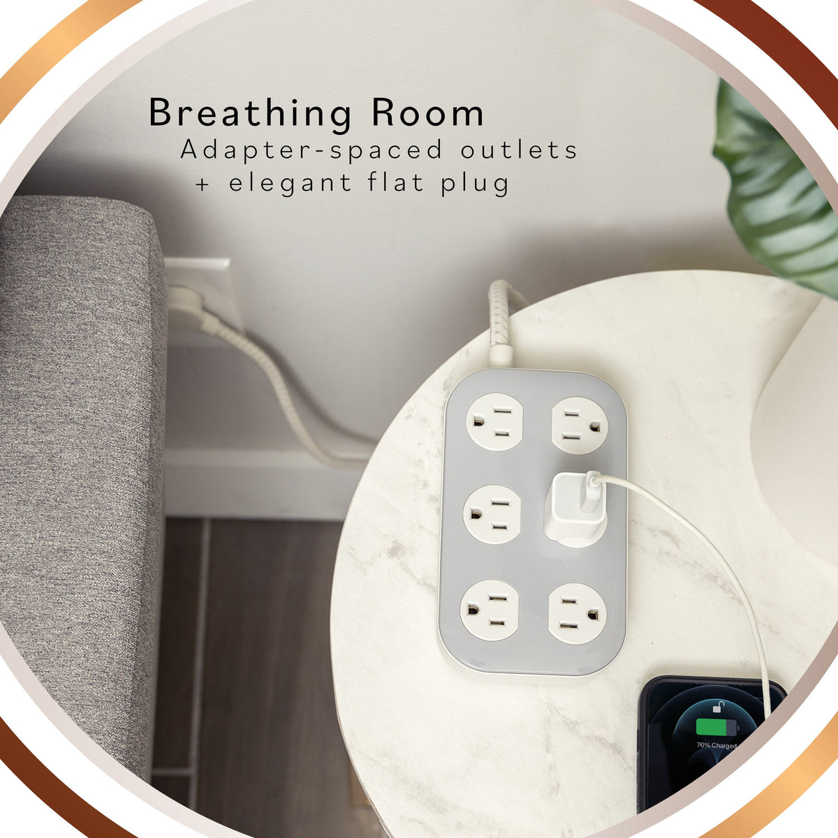 Cordinate ADAPT 6-Outlet 4ft. Braided Extension Cord with Surge Protection, Cream/Gray