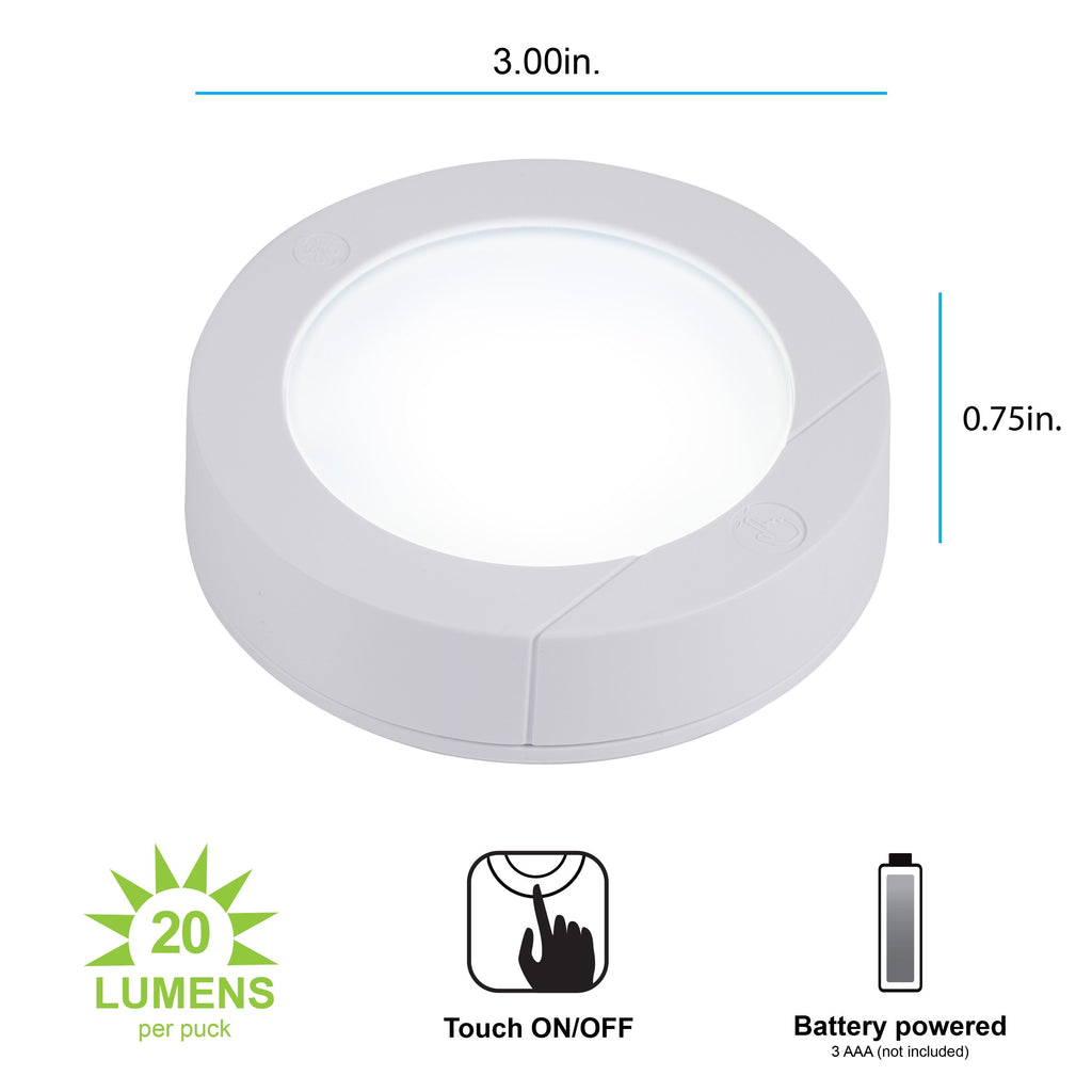 GE Battery Operated Touch Activated LED Puck Lights, 2 Pack, White
