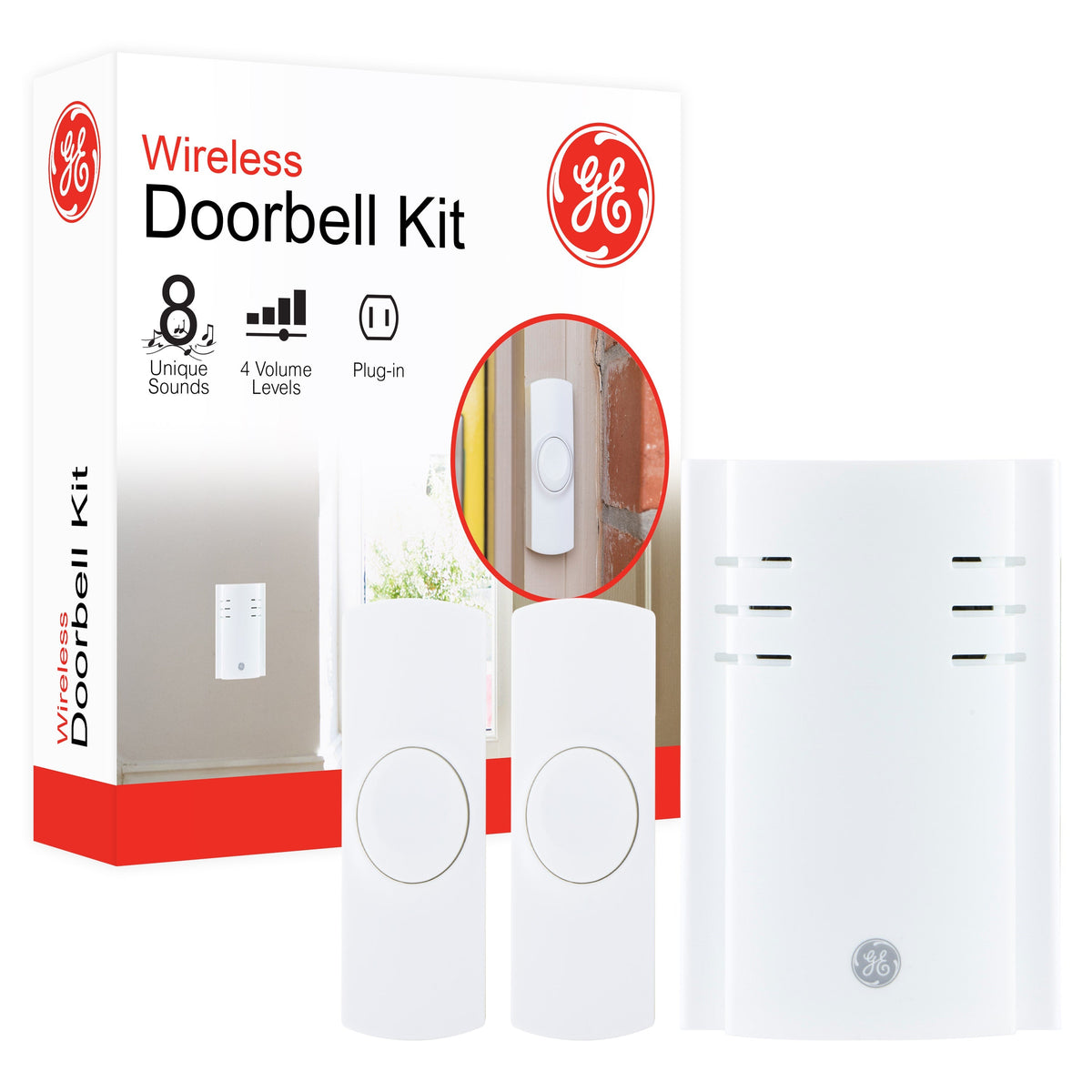 GE Plug-In 8-Chime Wireless Door Chime Kit with 2-Push Buttons, White
