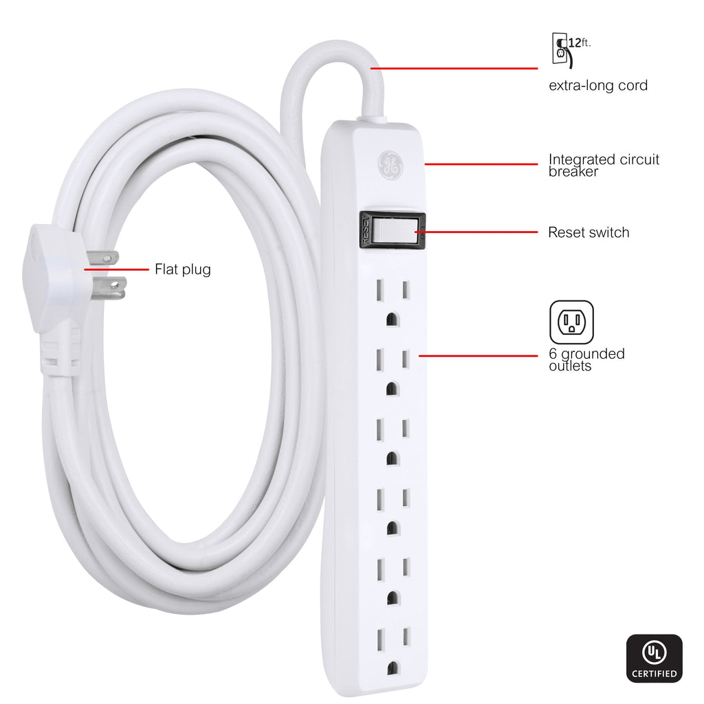 GE 6-Outlet 12ft. Power Strip, White