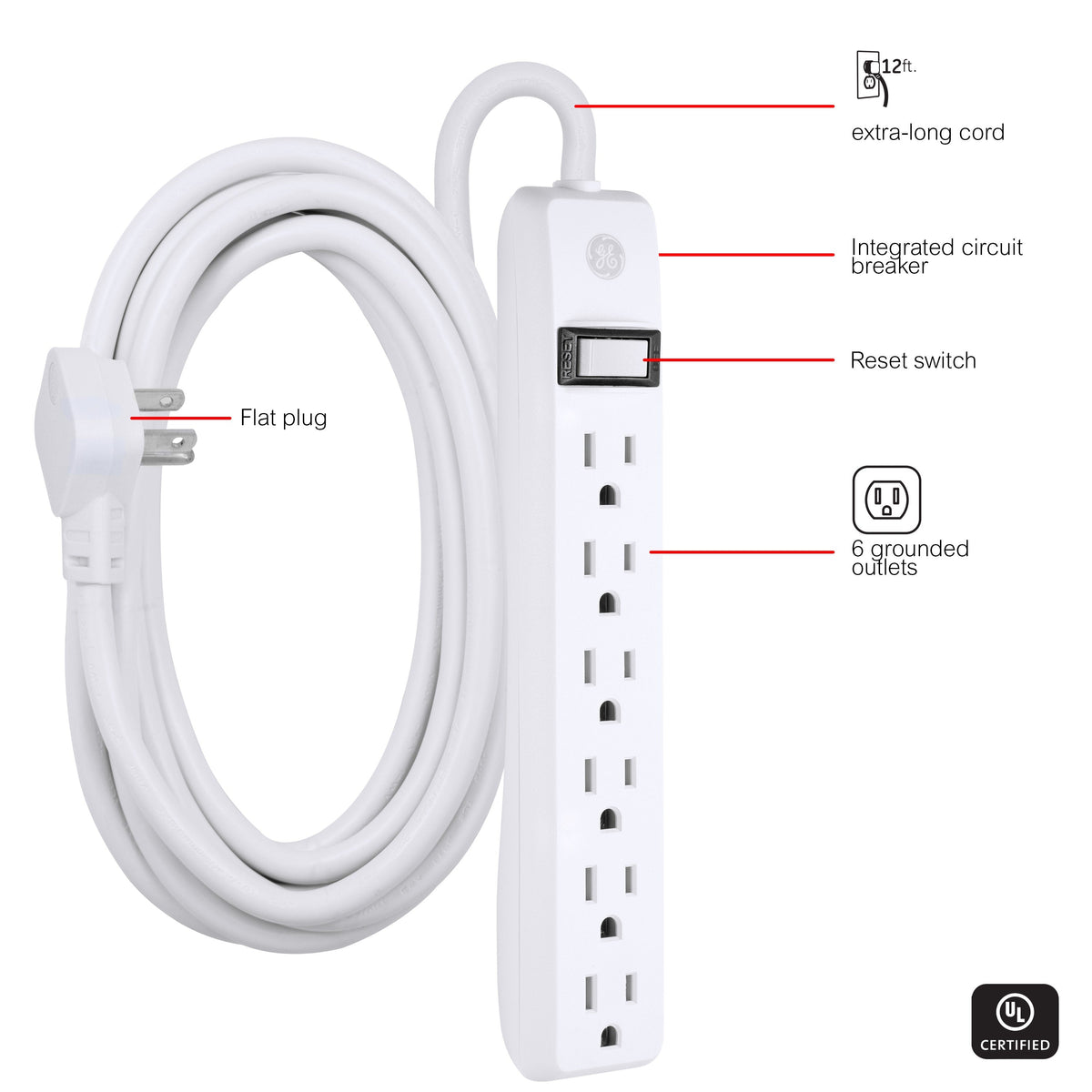 GE 6-Outlet 12ft. Power Strip, White