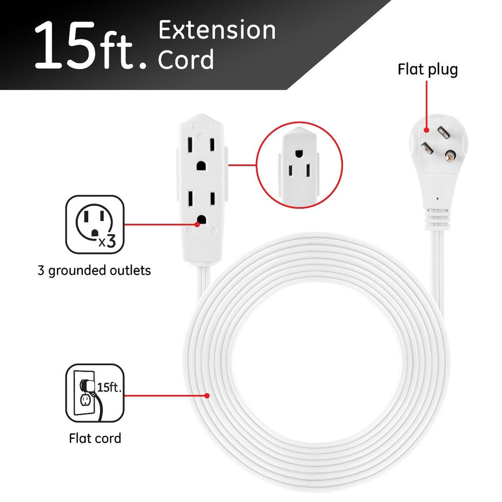 GE 3-Outlet 15ft. Extension Cord with Right-Angle Plug, White