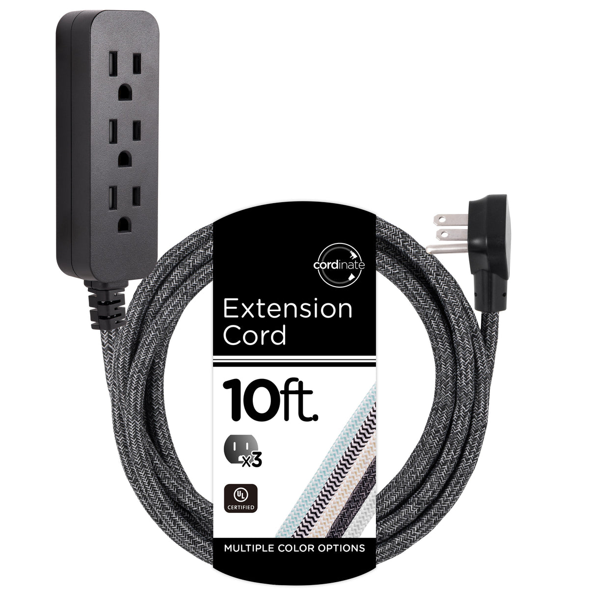 Cordinate 3-Outlet 10ft. Braided Extension Cord with Surge Protection, Black/Dark Heather