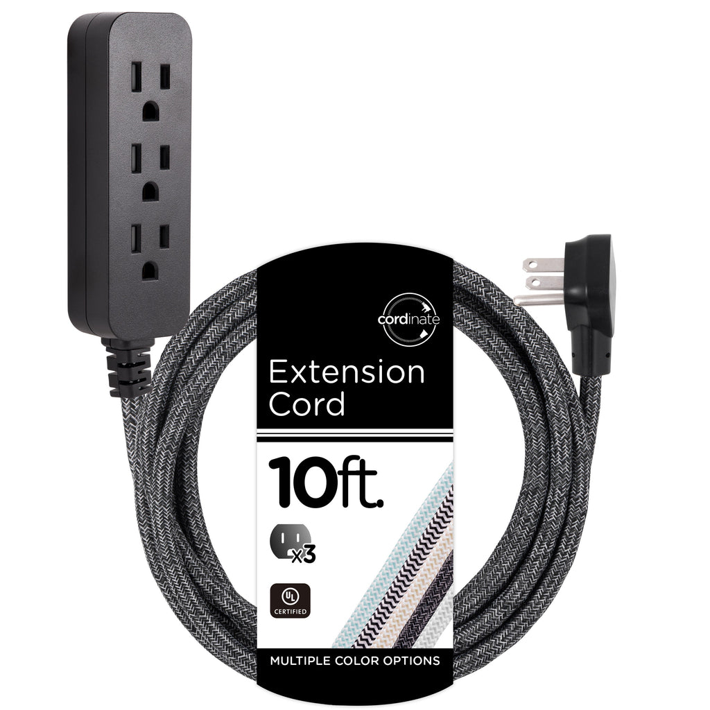 Cordinate 3-Outlet 10ft. Braided Extension Cord with Surge Protection, Black/Dark Heather