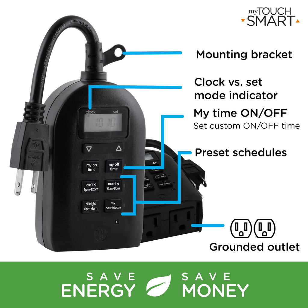 myTouchSmart Indoor/Outdoor Plug-In Simple Digital Timer, Black