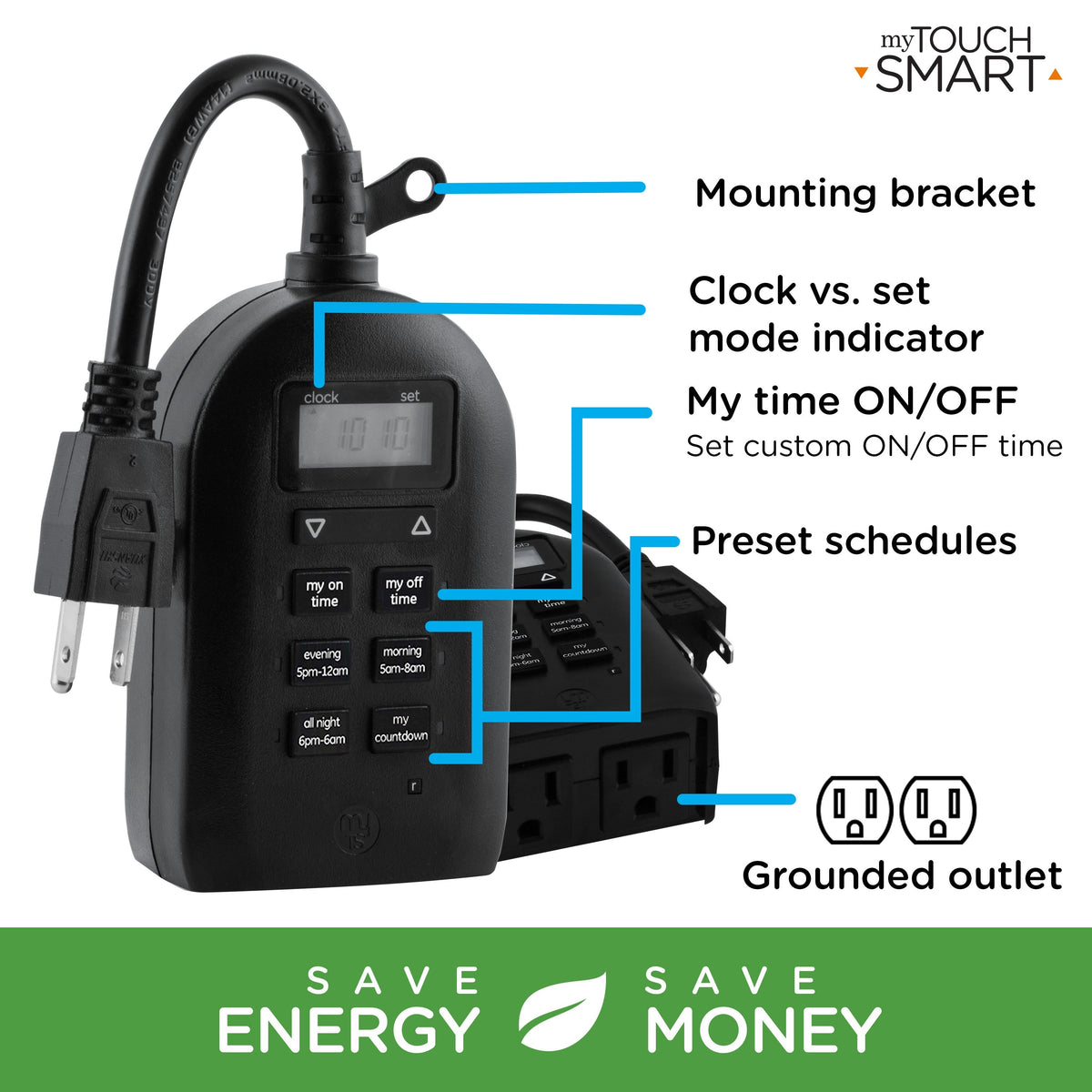 myTouchSmart Indoor/Outdoor Plug-In Simple Digital Timer, Black