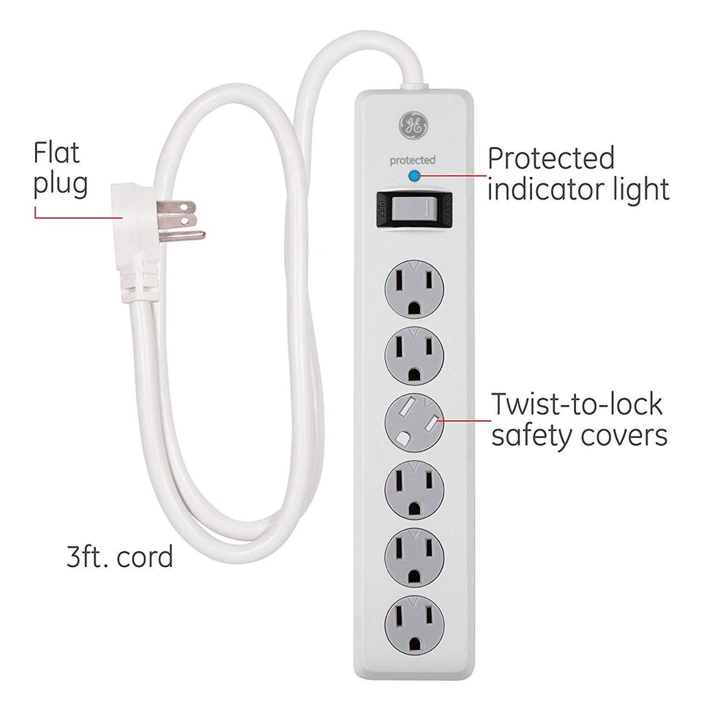 GE 6-Outlet 4ft. Surge Protector with Twist-to-Close Safety Covers, White