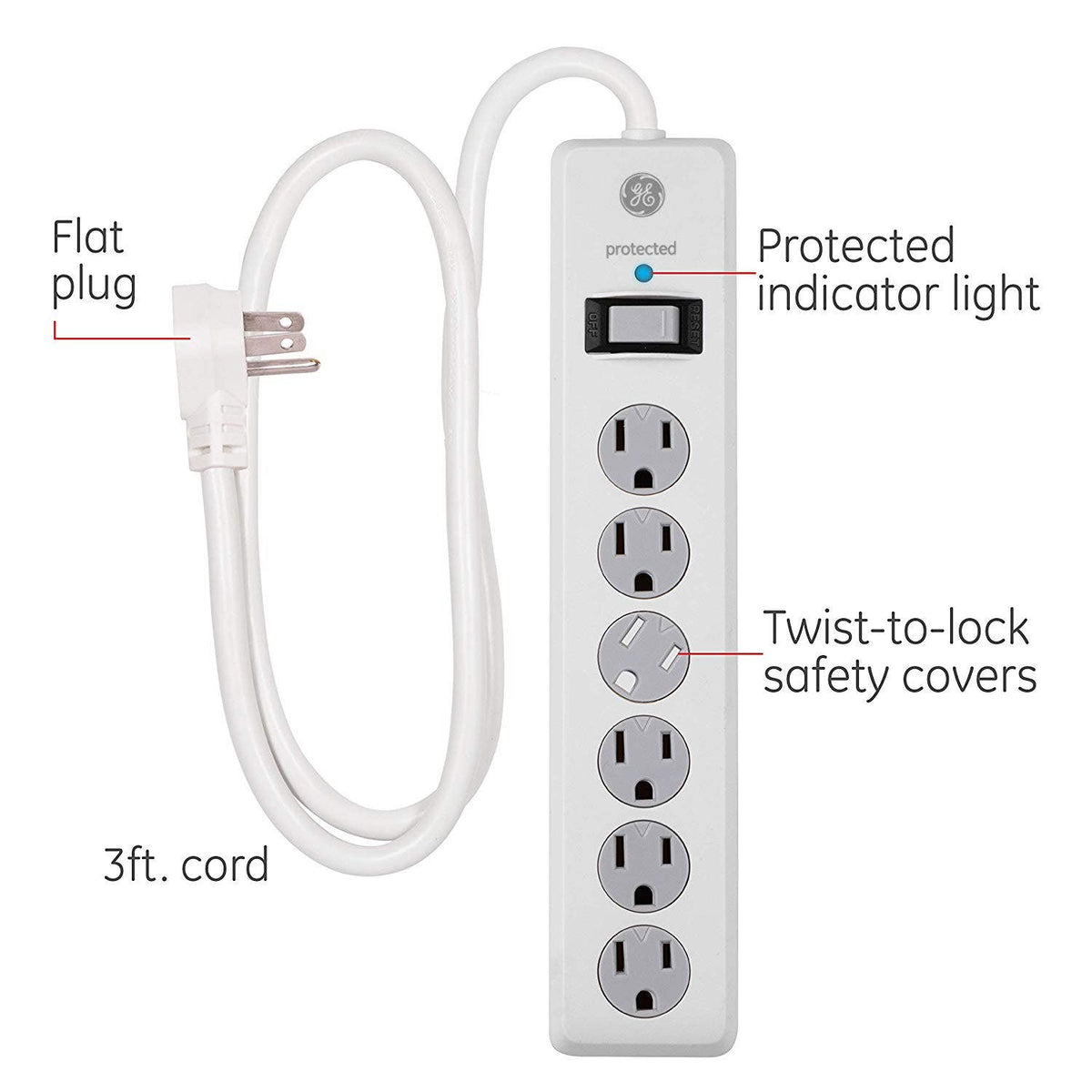 GE 6-Outlet 4ft. Surge Protector with Twist-to-Close Safety Covers, White