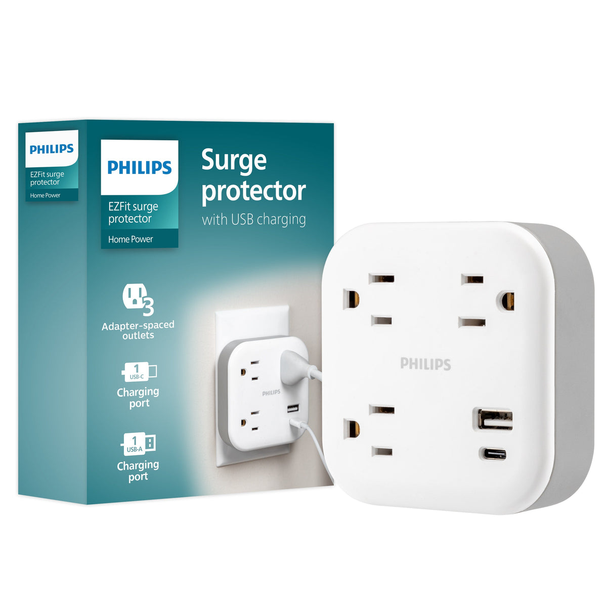Philips 3-Outlet 1 USB-A 1 USB-C Wall Tap with Surge Protection, White