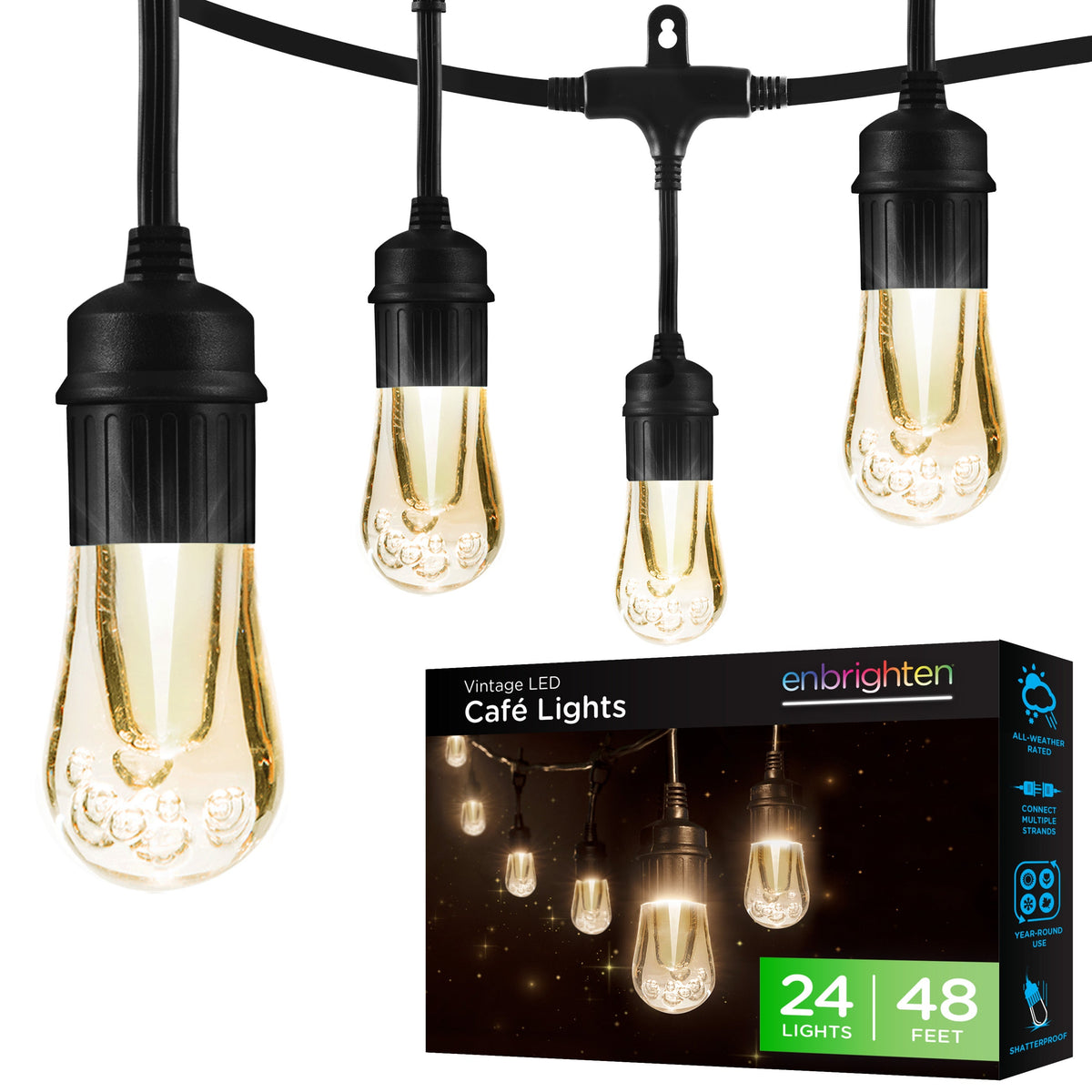 Enbrighten Vintage LED Cafe Lights, 24 Bulbs, 48ft. Black Cord