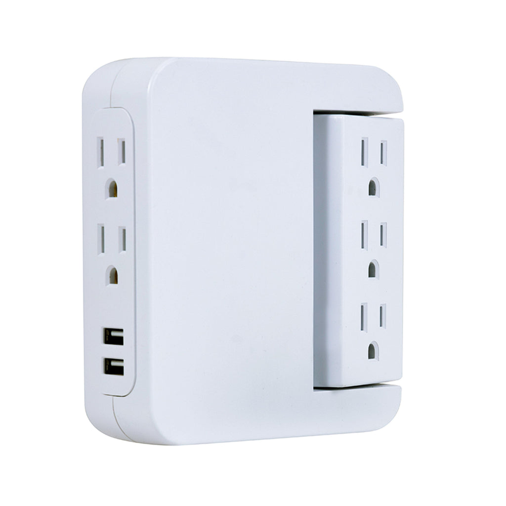 GE 5-Outlet 2-USB Wall Tap with Surge Protection and Swivel Outlets, White