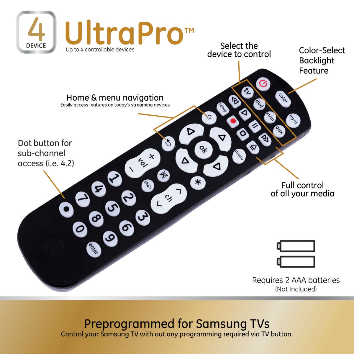GE UltraPro 4-Device Color Changing Backlight Universal Remote, Black
