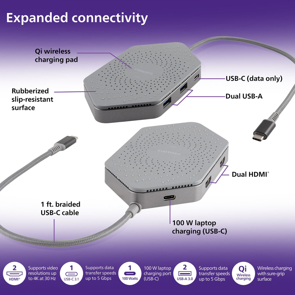 Philips USB-C Travel Docking Station with Qi Wireless Charging, Gray