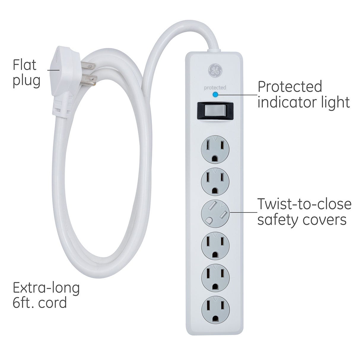 GE 6-Outlet 6ft. Surge Protector With Twist-To-Close Safety Covers, 2 Pack, White