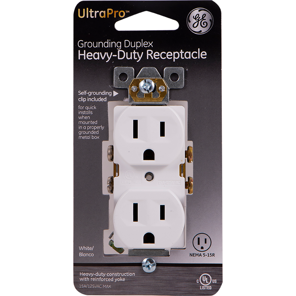 GE UltraPro Grounding Duplex Heavy-Duty Receptacle, White