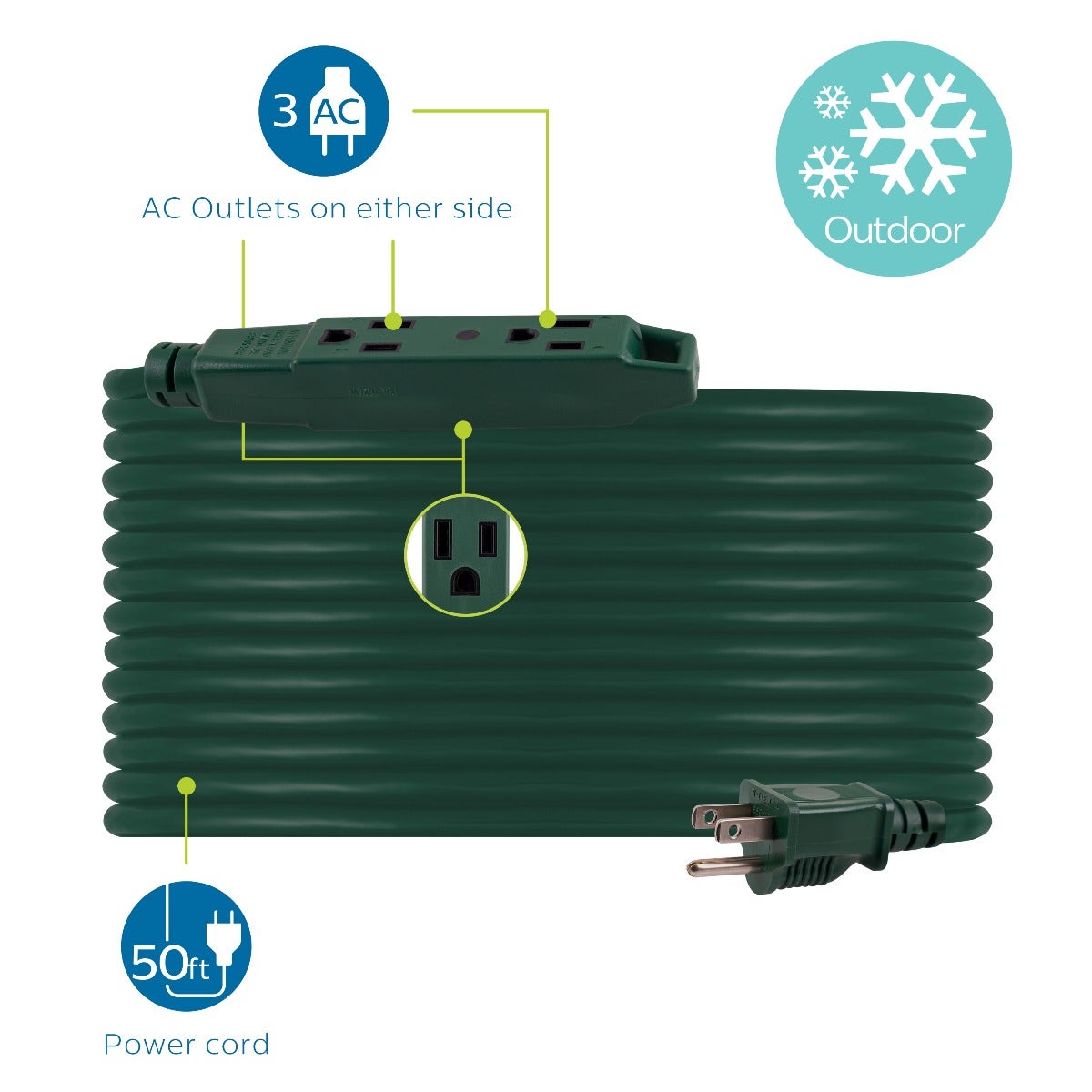 Philips 3-Outlet 25ft. Outdoor Extension Cord with Power Block, Green