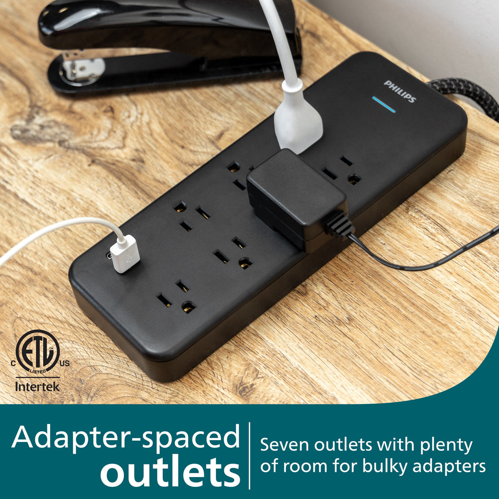 Philips 7-Outlet 6ft. 1 USB-A 1 USB-C Surge Protector With Adapter-Spaced Outlets, Black